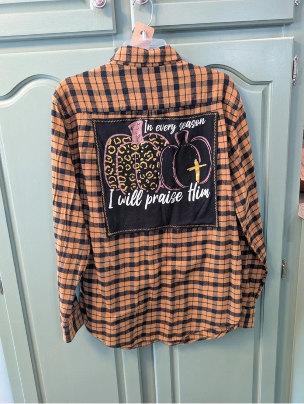 Fall Pumpkin All Seasons Praise HIM Upcycled Flannel Shacket